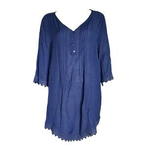 Avenue Top Womens Plus Size 18 Solid All Blue 3/4 Sleeve Crochet Detail Pullover